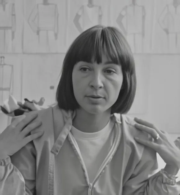 Eeva Palvanen 80-luvulla Suomen Trikoon ateljeessa